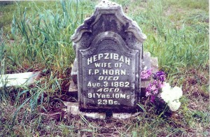 Headstone of Hepzibah (Clark) Horn in Sandhill Cemetery, near Tipton, Cedar Co., Iowa, prior to restoration.