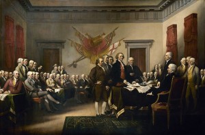 John Trumbull's Declaration of Independence, showing the five-man committee in charge of drafting the United States Declaration of Independence in 1776 as it presents its work to the Second Continental Congress in Philadelphia.