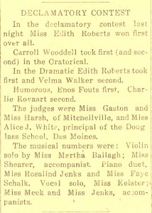 Edith Roberts- Declamatory Contest. Prairie City News, Prairie City, Jasper Co., Iowa, shortly after 2 Feb 1917. (from a clipping without date)