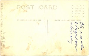Reverse of Lee drugstore location postcard. Inscription: "This is where I hangout about 14 hours a day." Written by Lloyd Eugene Lee, RPh.