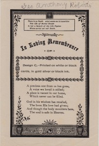 A sample funeral card with the name "Geo. A. Roberts" written at the top. George A. Roberts died 18 Apr 1939.