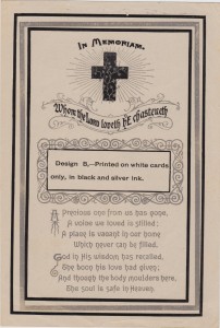 Reverse of a sample funeral card with the name "Geo. A. Roberts" written at the top. George A. Roberts died 18 Apr 1939.