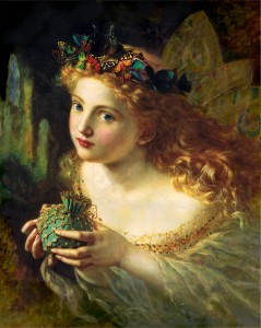 A portrait of a fairy, by Sophie Anderson (1869). The title of the painting is Take the Fair Face of Woman, and Gently Suspending, With Butterflies, Flowers, and Jewels Attending, Thus Your Fairy is Made of Most Beautiful Things - purportedly from a poem by Charles Ede. From Wikimedia Commons.