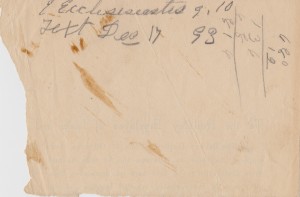 Murrell Family Bible Ephemera- Bible reading note on reverse of Railway Employees of Iowa paper.
