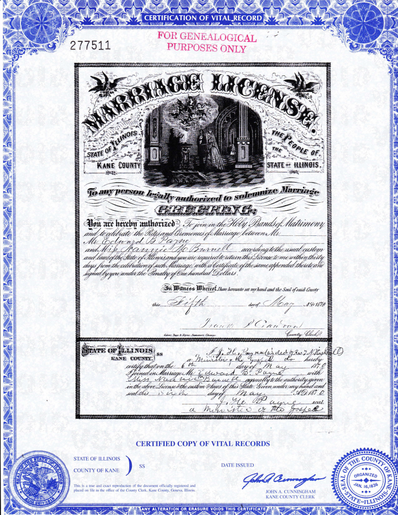 Marriage license of Edward B. Payne and Nannie M. Burnell, 05 May 1870, Kane Co., Illinois.