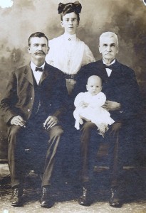 Four generations of the Roberts family: John Roberts (1832-1922), his son William Edward "W.E." Roberts (1858-1935), his grand-daughter Maude Mae Roberts Jensma (1884-1980), and great grandson Edward Jensma (1907-1986)