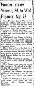 Wedding announcement of Ninetta (Wiley) Eames Payne to Fred Foster Springer, 1937. Oakland Tribune.