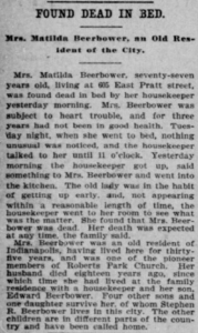 Matilda L. (MacElvey) Beerbower- Death Notice in The Indianapolis Journal_v50_n200_p8_c1.