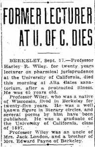 Harley R. Wiley obituary, Oakland Tribune, 17 Sep 1921.