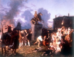 Pulling Down the Statue of King George III after the Declaration of Independence was read by George Washington to the troops and public in New York City. British gunboats sat in the harbor. By Johannes Adam Simon Oertel. 