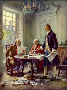 Benjamin Franklin, John Adams, and Thomas Jefferson working on the Declaration of Independence, by Jean Leon Gerome Ferris, 1900.