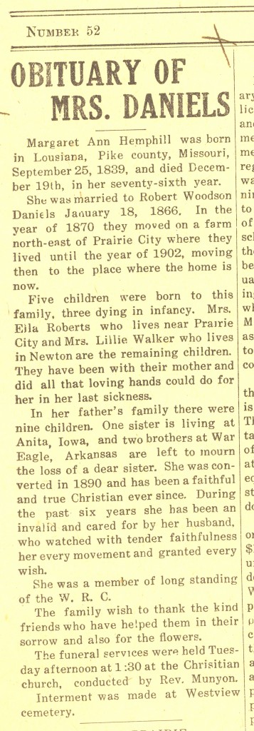 1915_1223 Margaret Ann Hemphill Daniel- Obituary. Prairie City News, Prairie City, Iowa, 23 Dec 1915.