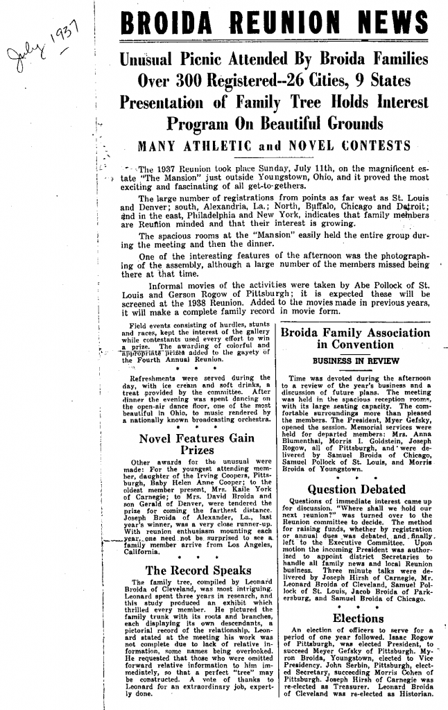 1938 Broida Reunion News, page 1