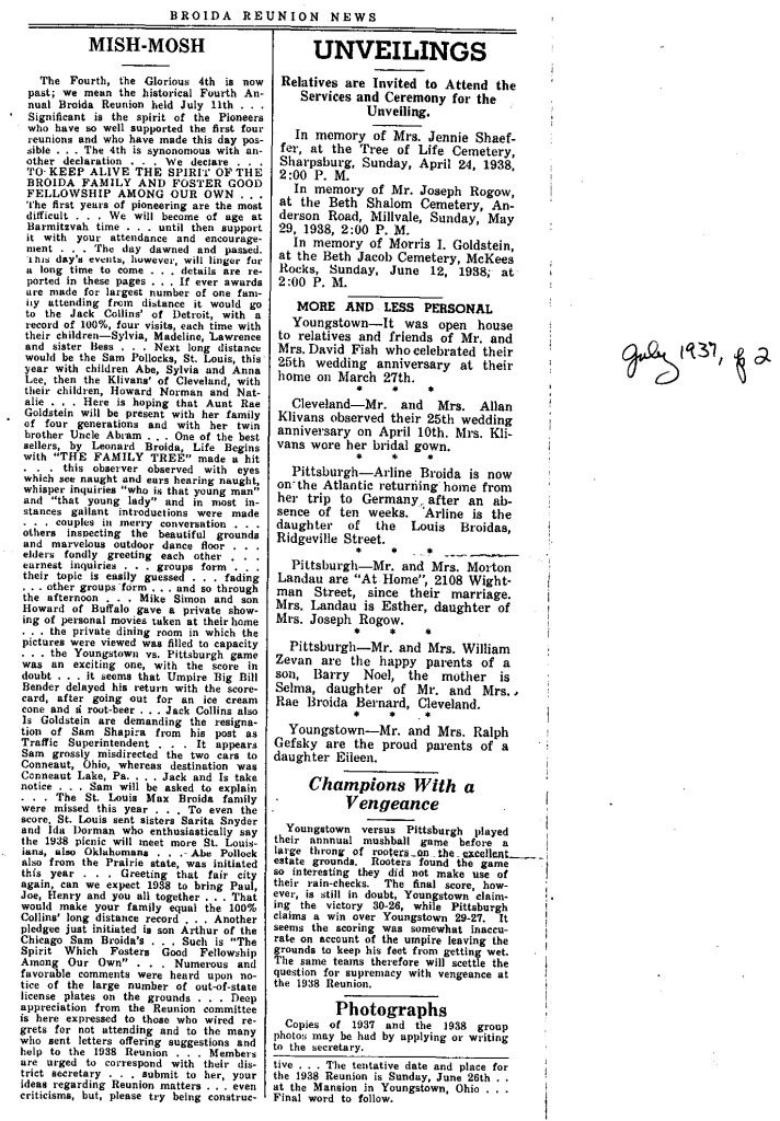 1938 Broida Reunion News, page 2. (Click to enlarge.)