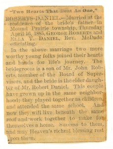 Roberts-Daniel marriage announcement, after 16 Apr 1885. newspaper unknown but possibly one from Prairie City, Jasper County, Iowa.