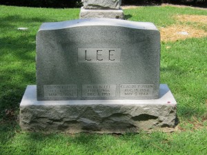 Lee headstone in Memorial Park Cemetery, Jennings, Missouri: Lloyd Eugene "Gene" Lee, his first wife Ruth Nadine (Alexander) Lee, and Gene's uncle, Claude Frank Aiken.