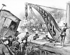 A Drawing of National Guard troops firing on Pullman strikers in 1894. More than 1000 railcars were destroyed during the strike. Published in Harper's Weekly, public domain.