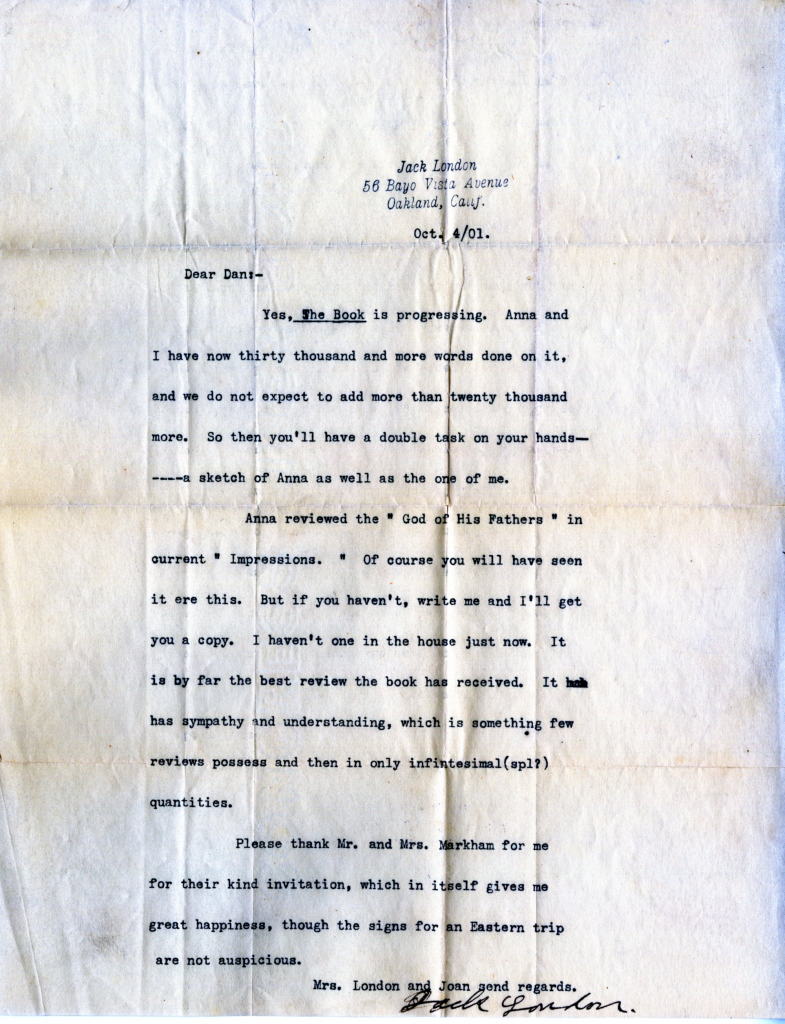 Jack London letter to Dan [Murphy?] concerning the "Kempton-Wace Letters." Published with permission of the Edwin Markham Archive, Horrmann Library, Wagner College.