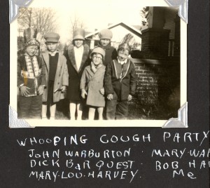 "Whooping Cough Party" from left: John Warburton, Dick Barquest, Mary Lou Harvey, Mary Warburton, Bob H[arvey?], Edward A. McMurray