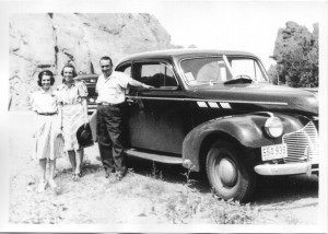 1940- from left Ruth Nadine (Alexander) Lee, Henrietta (Fasterling) Reuter, a friend, in center, and Ruth's husband, Lloyd Eugene "Gene" Lee on right with 1940 Pontiac, license plate from Missouri.