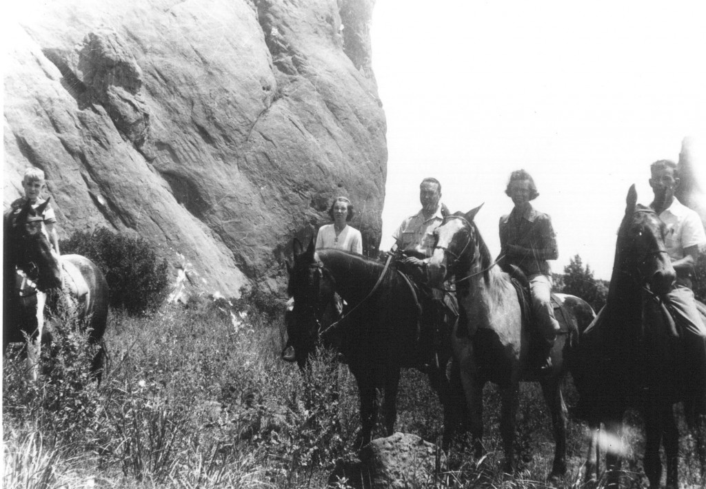 1940s trip to Colorado. From left, Bobby Lee (Robert E. "Bob" Lee), Ruth Nadine (Alexander) Lee, Lloyd Eugene "Gene" Lee, Henrietta (Fasterling) Reuter and Walter Reuter on the trail on horseback.