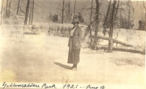 Unknown Lee or Aiken- possibly Dora (Russell) Aiken in Yellowstone Park, Aug 1921.