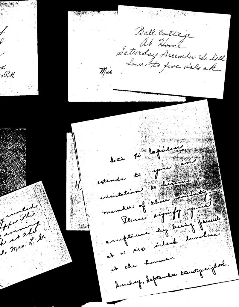 Section of page 2  in Edith Roberts' college scrapbook with sorority invitations. (Apologies for the poor copy- it was a photocopy in the days before scanners.)