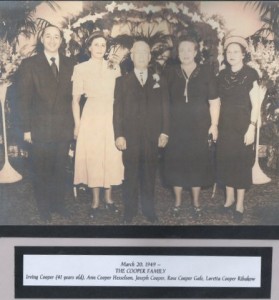 Joseph Cooper and children, Mar 20 1949. From left: Irving Cooper, Ann Cooper Hesselson, Joseph Cooper, Rose Cooper Gale, and Loretta Cooper Ribakow.