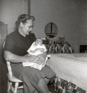Edith Roberts Luck with her first granddaughter in 1954.
