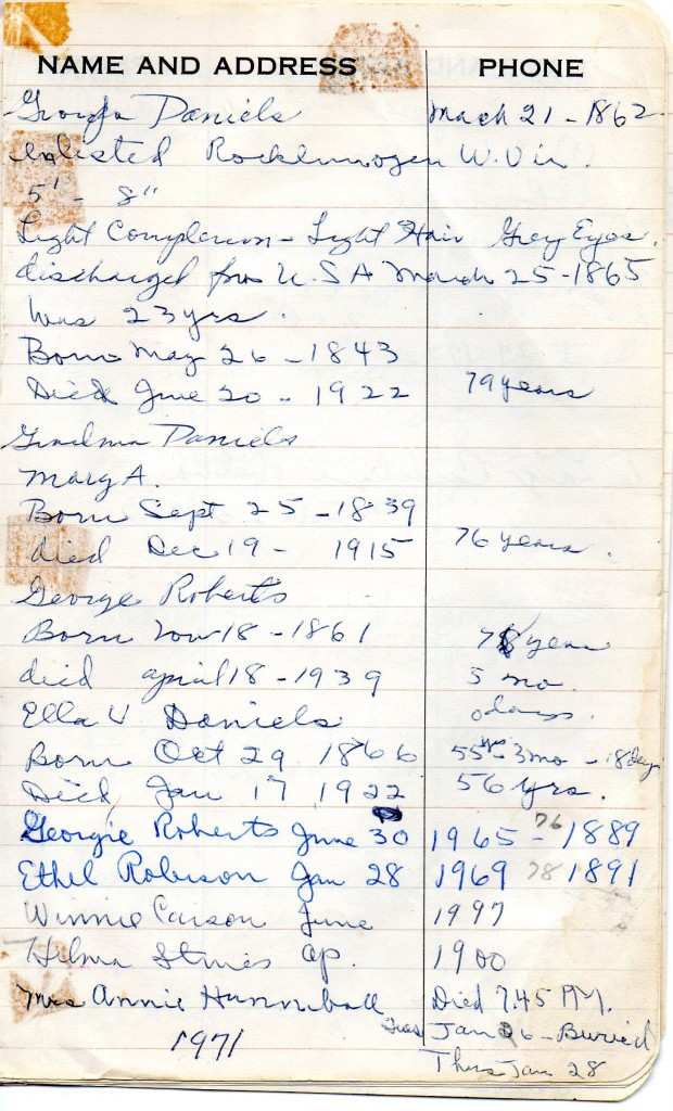 Page from an address book of Edith Roberts (McMurray) Luck, with genealogical information of family and friends.