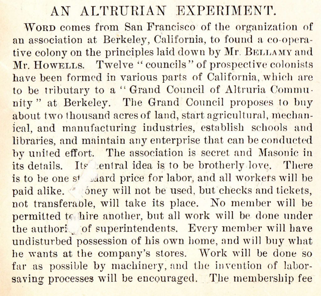 "An Altrurian Experiment" in Harper's Weekly, 15 Sep 1894, Vol. 38, No. 1969, Page 867, Part 1.