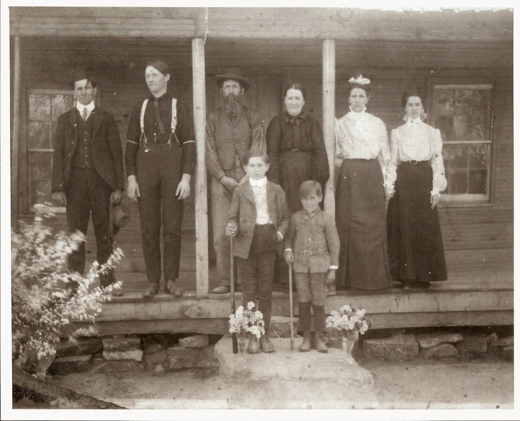c1900 The Goodson's at their home. From left, in back: William Goodson, Jodie Goodson, Joel Abner Goodson, Emily Pridy Goodson, Vina Goodson Sitze, Effie Goodson Sitze. (In front) Henry Goodson, Gilbert Goodson. (Not in photo: John, Nellie, Corie, Rachel.)
