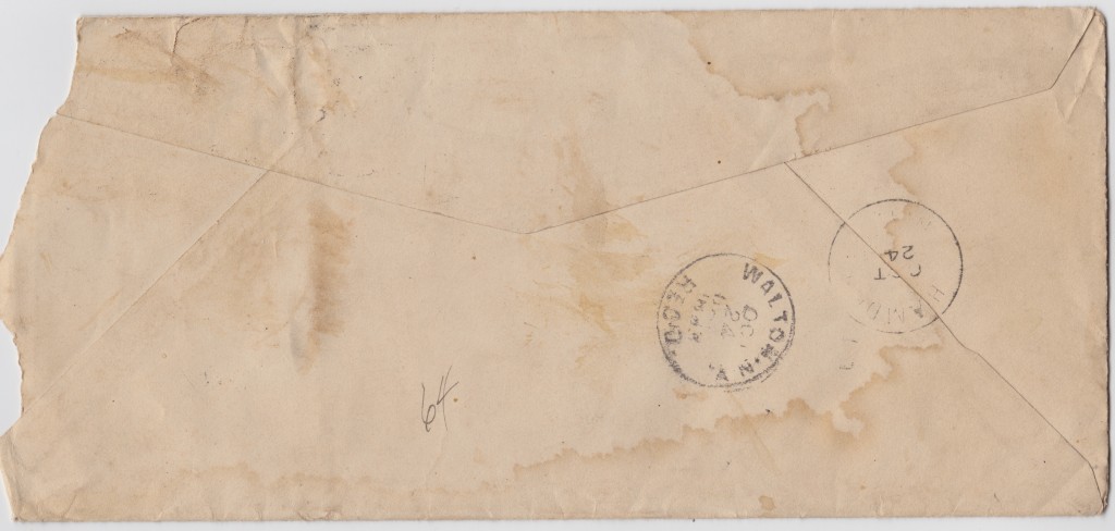21 Oct 1893: Women Registered, Election Dist 1 Colchester NY letter; envelope- address-reverse