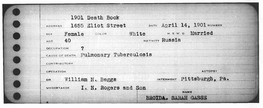 Sarah Gitel Gasse Frank BROIDA- Death Record, Colorado State Archives.