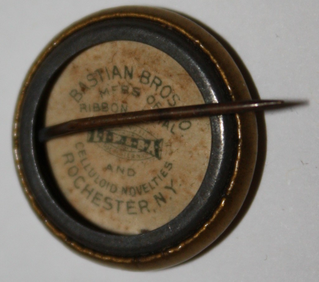 Votes for Women NAWSA Celluloid Pin, early 1900s, reverse. Bastian Bros. Co., Rochester, NY.