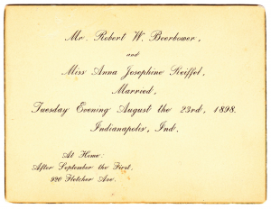 'At Home' card of Robert Warson Beerbower and Anna Josephine Reiffel Beerbower, married 23 August 1898.
