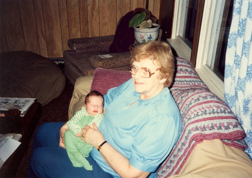 Mary Helbling McMurray with her first grandson, 22 Feb 1987.