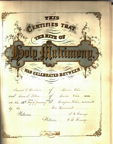 Wedding certificate of Irene L. Peters and Samuel Taylor Beerbower, 13 January 1867. Courtesy of Marion County [Ohio] Historical Society. (Click to enlarge.)