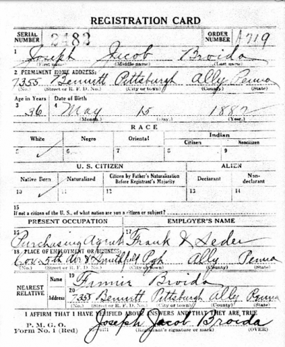 Joseph Jacob Broida- WWI Draft Registration Card, Part 1.