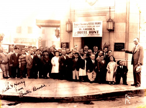 Buster Brodie in a group of Little People, 07 October 1928 in Culver City, California at the Hunt Hotel.  Autographed "To Ruth & Harry From Buster Brodie." (Click to enlarge.)