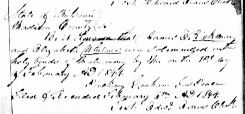 Marriage return for James E. Rickman and Elizabeth Whitner, married 01 Feb 1844 in Madison County, Missouri. Online via Ancestry.com, accessed 5/27/2015.