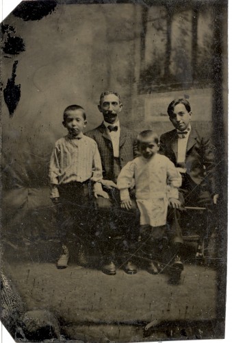 Tintype c1908 of John Broida with three of his seven sons. Phillip is the older, sitting in the back on the right. Morris is to the far left, and Harold is the youngest in front.