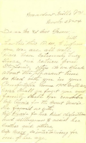 November 28, 1904 Letter to Abraham and Bessie Green from W. H., Fannie, and Willie P. Spiggle, page 1 of 2.