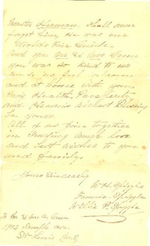 November 28, 1904 Letter to Abraham and Bessie Green from W. H., Fannie, and Willie P. Spiggle, page 2 of 2.