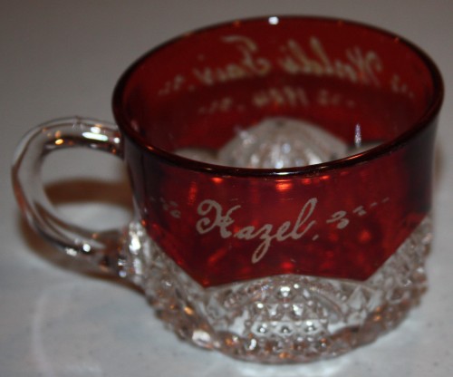 Souvenir of 1904 St. Louis World's Fair-Pressed Ruby Glass Punch Cup-back with name "Hazel."