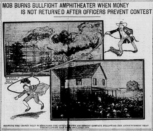 This photoillustration from the front page of the June 6, 1904 issue of the St. Louis Republic newspaper illustrates the burning of the Norris Amusement Company arena during the St. Louis bullfight riot contemporary to the 1904 World's Fair. Via Wikimedia, public domain.