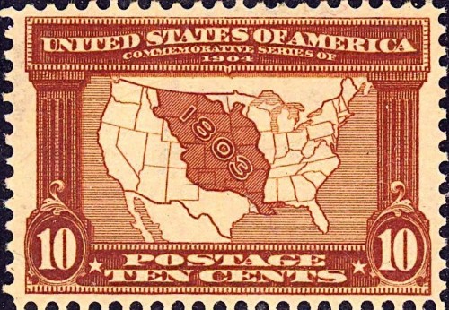 Louisiana Purchase commemorative stamp issued in 1903 for 10 cents. Via Wikimedia, public domain.