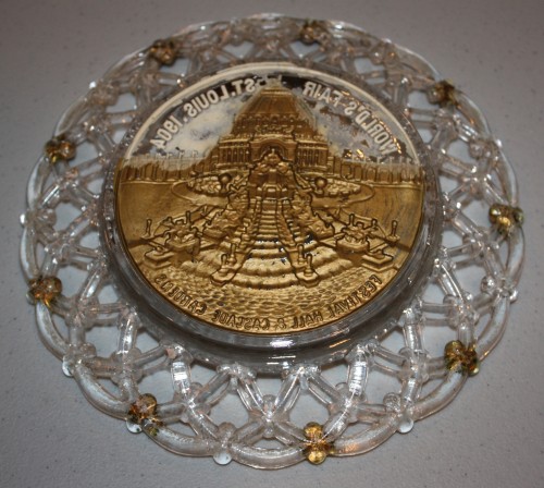 1904 St. Louis World's Fair Goofus Glass Plate Souvenir- Festival Hall and Cascade Gardens- reverse