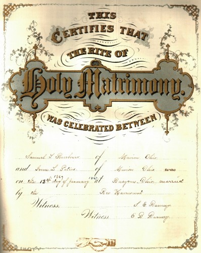 Marriage Certificate of Sauel Beerbower and Irene Peters, 18 Jan 1867, Bucyrus, Ohio. Posted with kind permission of the Marion County Historical Society.