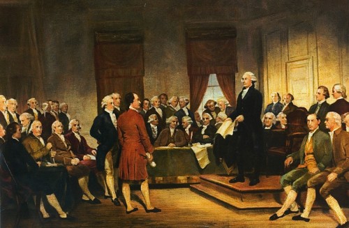 Washington at Constitutional Convention of 1787, signing of U.S. Constitution. via Wikipedia, public domain.